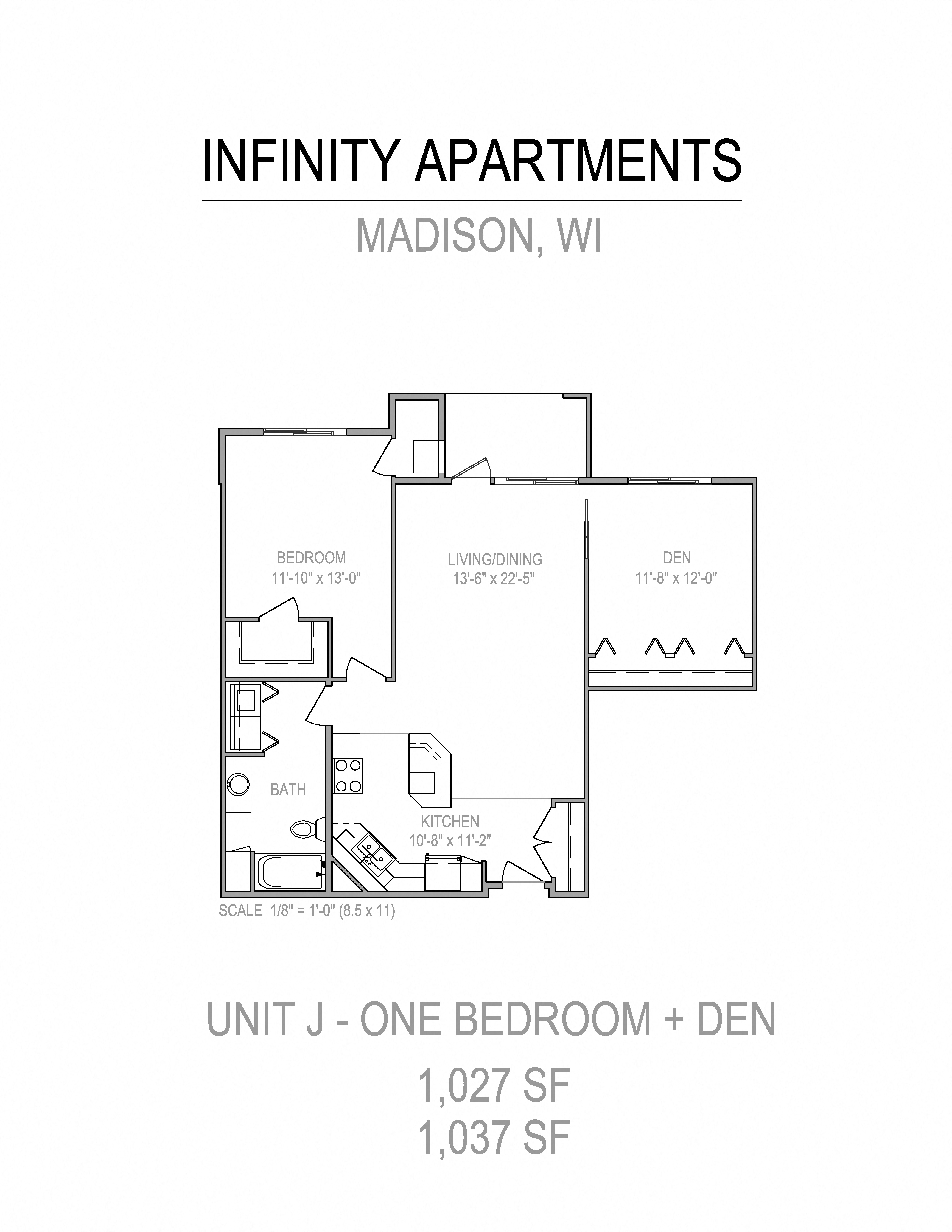 Floor plan for 2 beds, 1 bath, 1027 sqft